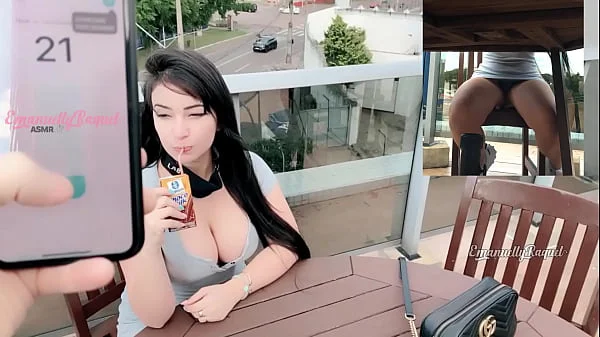 PUBLIC Sexy gorgeous brunette being teased by a guy controlling her vibrator through the cell phone while she moan and cum outdoor