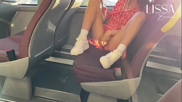 Hot woman shows off and touches herself on public bus