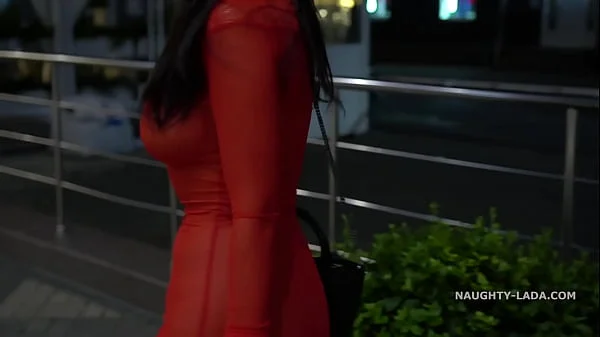 Red transparent dress in public