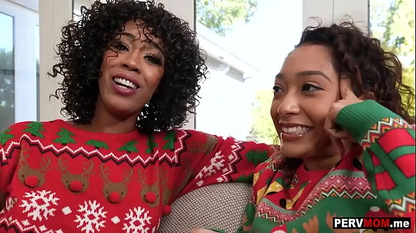 Black stepmom Misty Stone and stepdaughter Sarah Lace xmas 3some fun