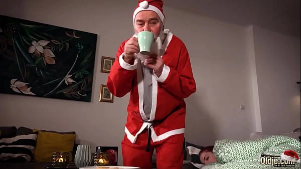 Old Santa has sex with petite teen and fucks her mouth then she swallows his cum