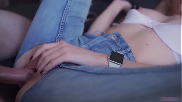 Fit girl in ripped jeans cums from a hard fuck